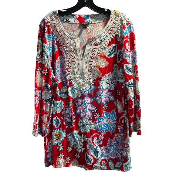 Talbots Red Paisley Tunic Top With Neckline Appliqué Details XL Boho Preppy - Picture 1 of 11